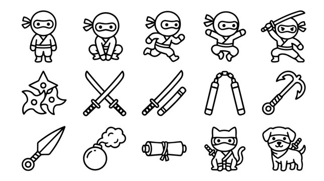Cute Ninja Characters and Weapons Icons