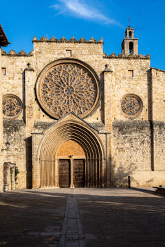 Impressive Romanesque rose window of Sant Cugat Monastery in Barcelona.