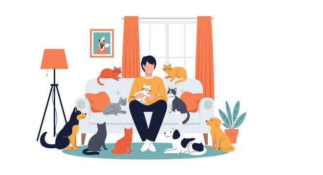 Young man is sitting on a sofa in his living room surrounded by his many beloved pet cats and dogs in a cozy and friendly home environment.