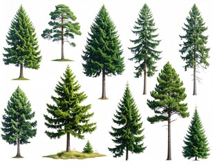 Obraz premium Ten varied coniferous trees in different sizes on white