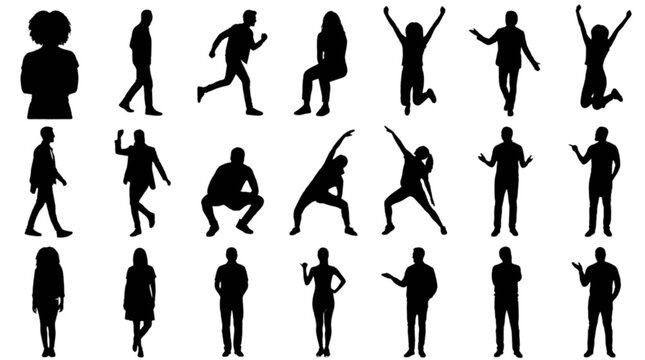 Set of diverse people silhouettes in different dynamic poses isolated on transparent background, Vector