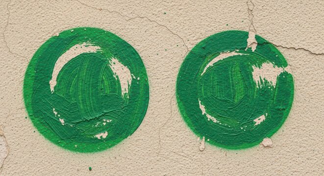 Two green circles painted on a cracked beige wall surface closeup abstract background beige wall cra