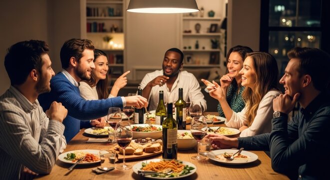 a group of friends sitting around a table with food and wine at night friends gathering group of peo