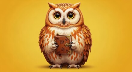 Obraz premium A cute cartoon owl holding a book in its talons on yellow background with big eyes looking directly 