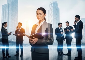 Fototapeta premium Businesswoman holding a folder with city skyline background
