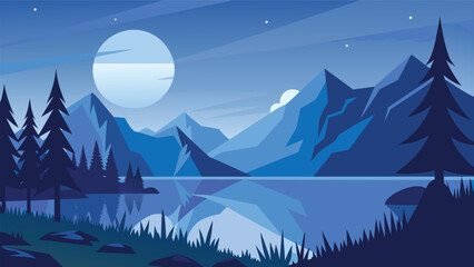 Obraz premium Serene mountain lake landscape under a full moon during twilight with pine trees and reflections vector illustration