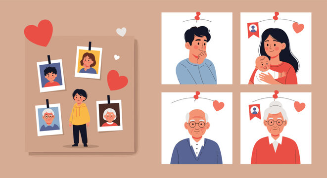 Family tree and memory board concept with individual portraits of family members from different generations pinned to a corkboard.