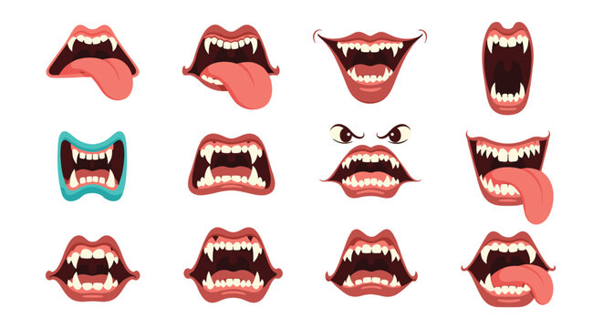 Collection of stylized monster and vampire mouths with sharp fangs and protruding tongues isolated on a white background for creature design.
