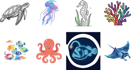 Collection of sea life illustrations featuring turtle jellyfish seahorse coral reef tropical fish octopus anglerfish and manta ray vector elements © fulbabu