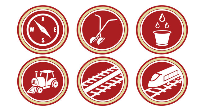Red circular industrial icon set with gold borders showing compass pliers water drops bucket tractor train track and locomotive elementsRed circular industrial icon set with gold borders showing compa