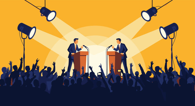 Two political candidates or speakers engaged in a formal debate on stage at a podium under bright spotlights in front of an enthusiastic crowd.