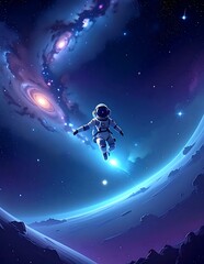 Naklejka premium Lone Astronaut Floating Above Curved Planet Horizon in Deep Blue Galactic Space
