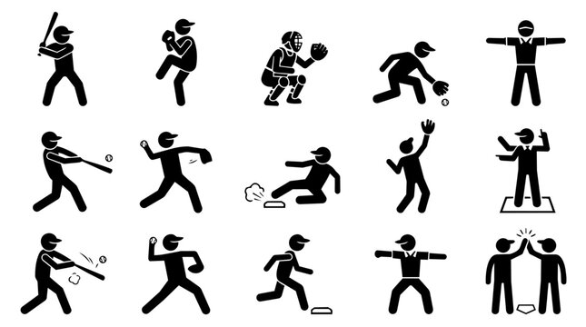 Baseball actions stick figure icons set