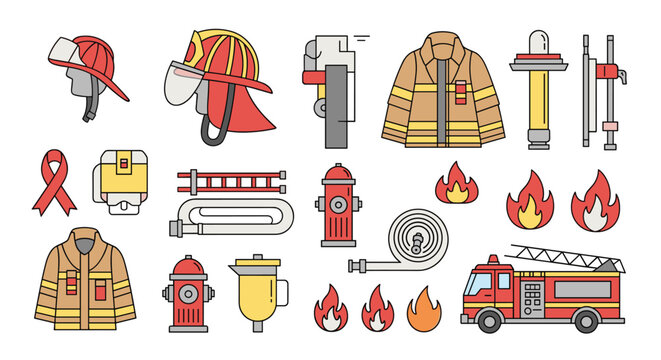 Comprehensive collection of firefighting equipment including helmets, jackets, hoses, hydrants, flames, and a fire engine on a white background.