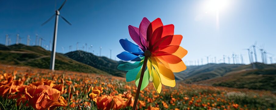 Vibrant pinwheel in field of poppies with wind turbines on hills
