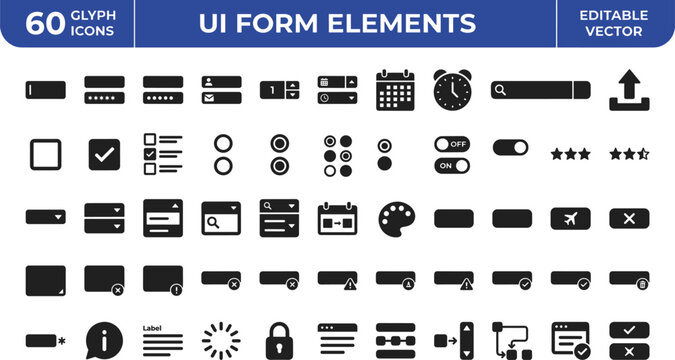 UI Form Elements Glyph Icon Set For Website Inputs Controls Ratings Calendar And Interface Design Vector