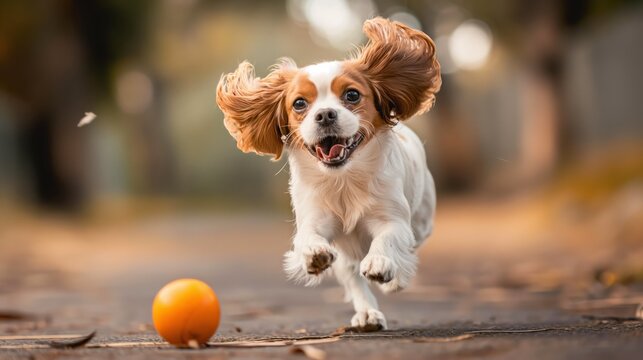 A small dog is running and playing with a ball