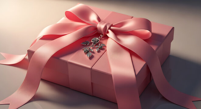 A beautifully wrapped pink gift box adorned with a large bow sits on a surface.
