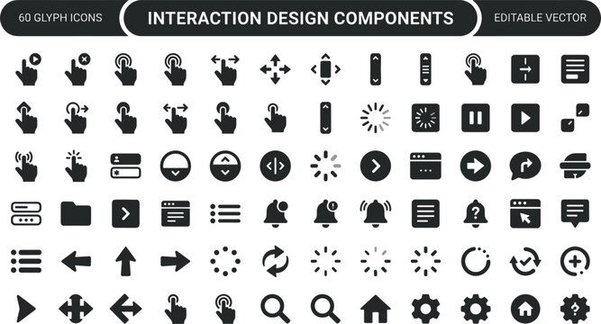 Interaction Design Components Glyph Icon Set For UI Controls Navigation Gestures Loading And Interface Tools Vector