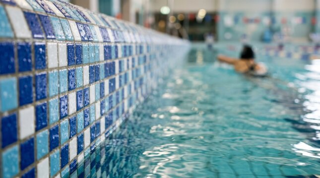 A person is swimming in an indoor pool beside a blue tiled wall.
