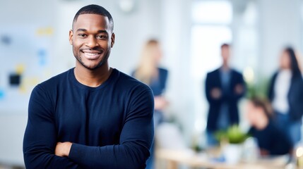 Fototapeta premium Mid-career Black male creative director smiling confidently in a modern office environment with colleagues in the background.