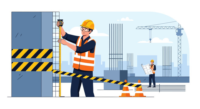 Construction worker measuring building column with laser level, site safety