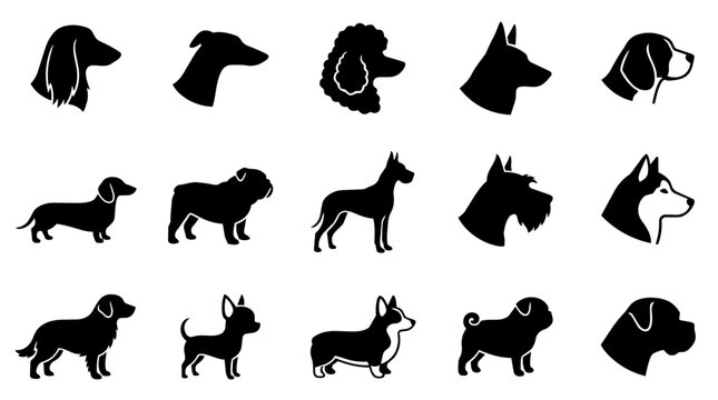 Diverse dog breeds head and body silhouette icons set