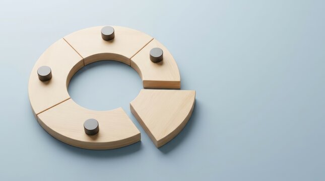Wooden Circular Planning Table With Open Segment And Neutral Markers On Blue Grey Copy Space For Quarterly Business Planning Header