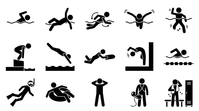 People engaging in swimming and diving activities icon set