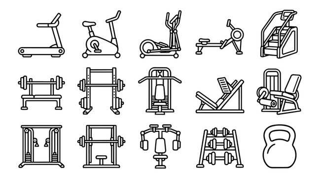 Outline gym and fitness exercise equipment icons set