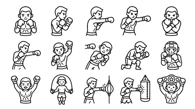 Line art set of boxer actions and training icons