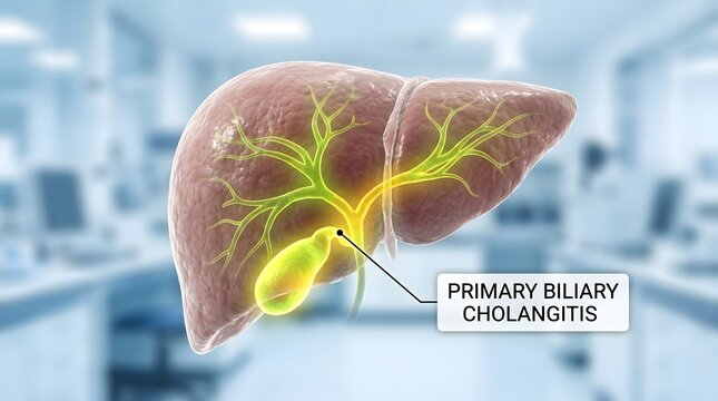 3D medical illustration of human liver with highlighted bile ducts and gallbladder labeled primary biliary cholangitis showing hepatology anatomy liver disease diagnosis and digestive system health