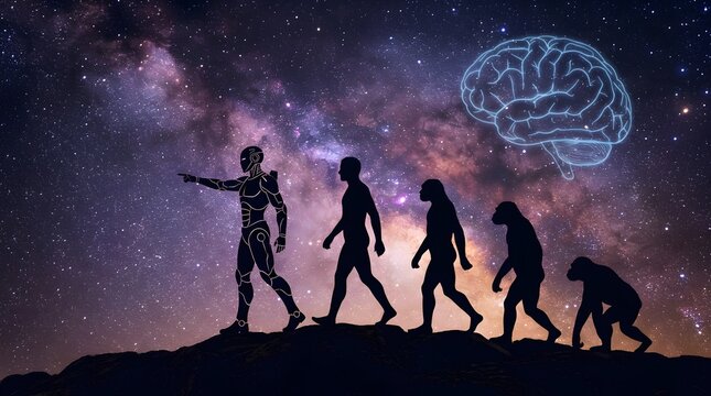 Human evolution silhouette from ape to modern man pointing forward with glowing brain on starry galaxy night sky showing progress development intelligence growth science and reverse evolution 