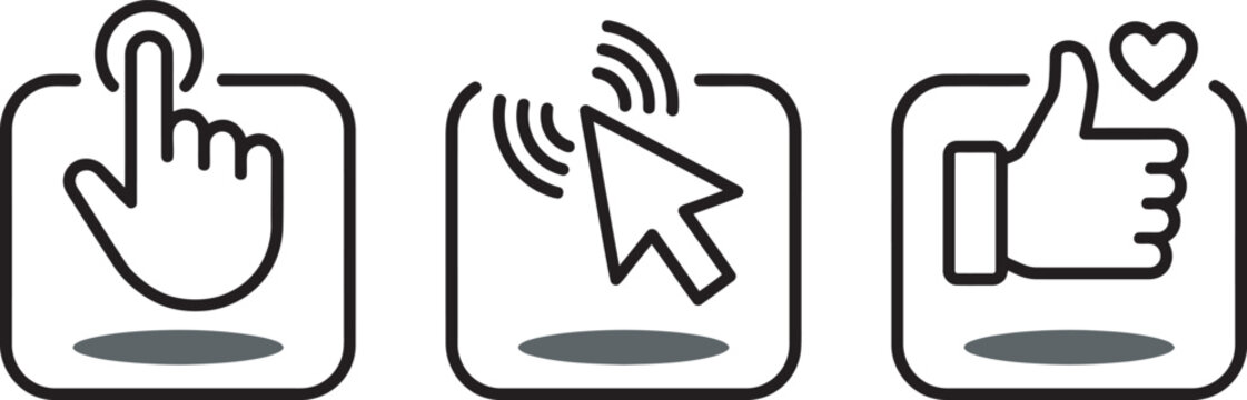 Set of modern computer interface icons with hand cursor and thumbs up symbol