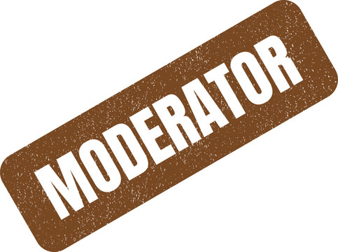 Brown rectangular textured stamp with the word moderator written in large clean white block letters