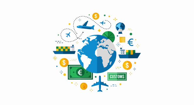 Global Logistics and International Trade Concept Illustration with Earth Globe, Shipping Vessels, Airplanes, and Currency Icons