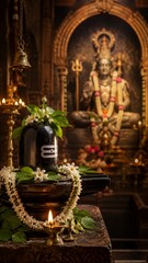 Obraz premium Sacred Pradosh Vrat puja setup featuring a decorated Shiva Lingam with white flowers and bel patra in the foreground. A divine statue of Lord Shiva sits in a golden, sunlit temple background.