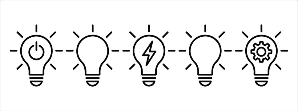 Light bulb icon set, innovation and solution vector symbols representing creative thinking, idea generation, brainstorming, visualization, problem solving, and business development concepts for modern