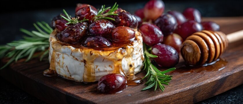 Baked brie topped with melted honey and roasted grapes on wooden board