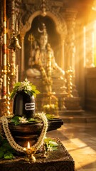 Fototapeta premium Sacred Pradosh Vrat puja setup featuring a decorated Shiva Lingam with white flowers and bel patra in the foreground. A divine statue of Lord Shiva sits in a golden, sunlit temple background.