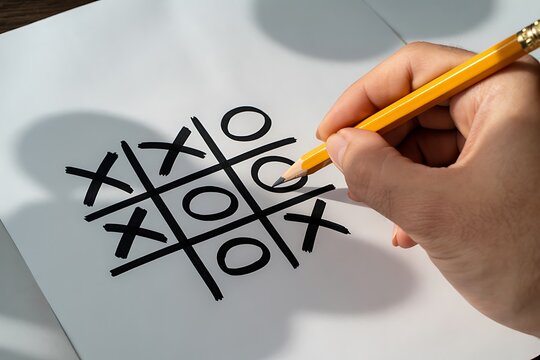 Person drawing tic tac toe game on paper with pencil