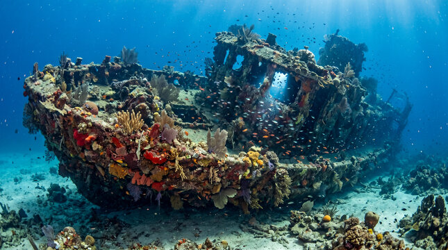 Naufragio hist&oacute;rico completamente cubierto de coral, esponjas y abanicos de mar, con peces tropicales entrando por portillas rotas en luz azul submarina.
