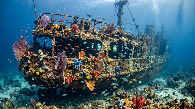 Naufragio hist&oacute;rico completamente cubierto de coral, esponjas y abanicos de mar, con peces tropicales entrando por portillas rotas en luz azul submarina.
