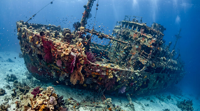 Naufragio hist&oacute;rico completamente cubierto de coral, esponjas y abanicos de mar, con peces tropicales entrando por portillas rotas en luz azul submarina.
