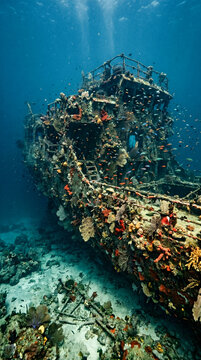Naufragio hist&oacute;rico completamente cubierto de coral, esponjas y abanicos de mar, con peces tropicales entrando por portillas rotas en luz azul submarina.
