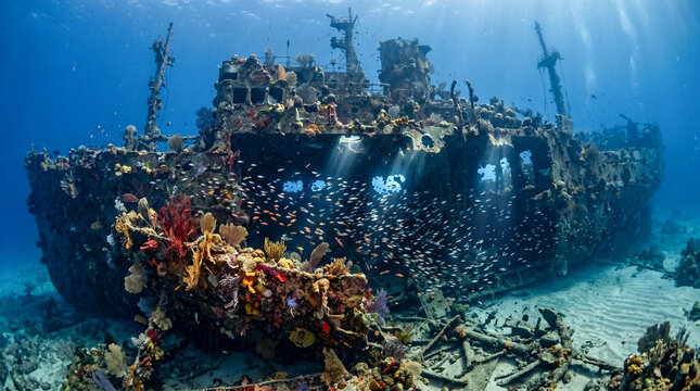 Naufragio hist&oacute;rico completamente cubierto de coral, esponjas y abanicos de mar, con peces tropicales entrando por portillas rotas en luz azul submarina.
