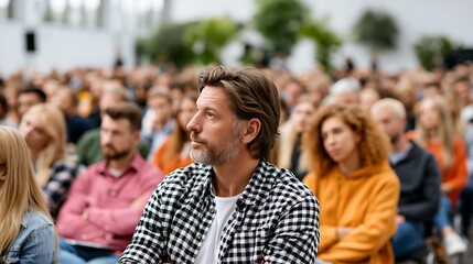 Obraz premium Man with beard sits in audience, listening attentively.
