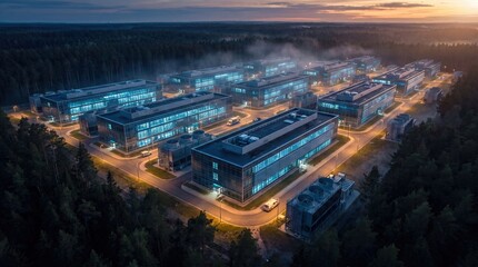 Fototapeta premium Modern industrial complex with illuminated buildings in forest at dusk