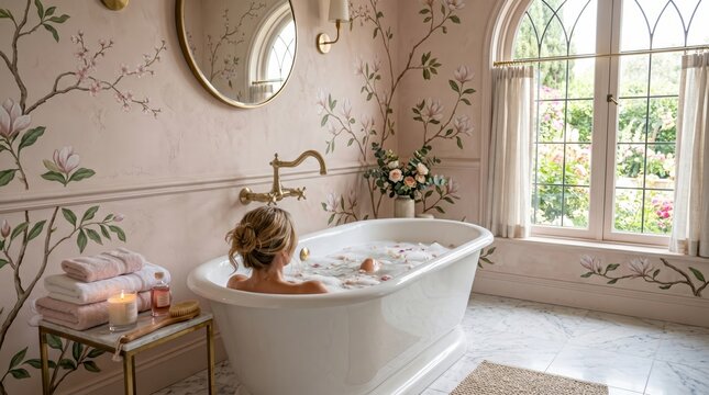 Woman bathing in a freestanding tub in a floral bathroom, soaking in a bubble bath near a large arched window with garden view, warm pastel ambiance and relaxing wellness concept.