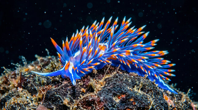 Nudibranquio de colores ne&oacute;n el&eacute;ctrico en macro extremo sobre fondo rocoso oscuro, con cada proyecci&oacute;n del cuerpo en detalle microsc&oacute;pico.
